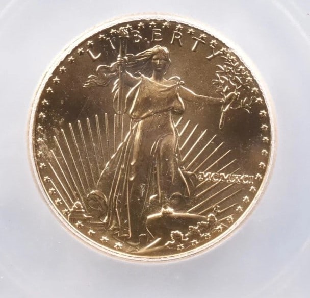 1991 $25 AMERICAN GOLD EAGLE: 1991 $25 American Gold Eagle Brand/Mint: None Year: 1991 Denomination: $25 Country of Origin: United States Accessories: None Accessories Notice: When purchasing pre-owned goods, please refer
