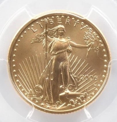 2006-W $10 BURNISHED GOLD EAGLE MICHAEL REAGAN: 2006-W $10 Burnished Gold Eagle Michael Reagan Brand/Mint: None Year: 2006 Denomination: $10 Country of Origin: United States Accessories: None Accessories Notice: When purchasing pre-owned