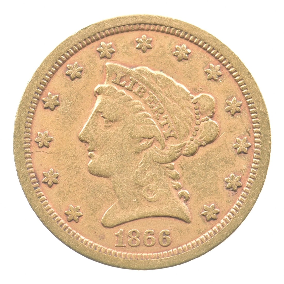 1866-S $2.50 LIBERTY HEAD GOLD QUARTER EAGLE: 1866-S $2.50 Liberty Head Gold Quarter Eagle Brand/Mint: None Year: 1866 Denomination: $2.50 Country of Origin: United States Accessories: None Accessories Notice: When purchasing pre-owned