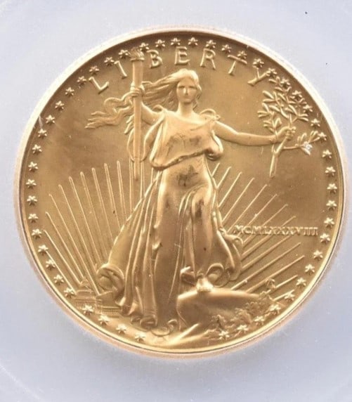 1988 $25 AMERICAN GOLD EAGLE: 1988 $25 American Gold Eagle Brand/Mint: None Year: 1988 Denomination: $25 Country of Origin: United States Accessories: None Accessories Notice: When purchasing pre-owned goods, please refer to t