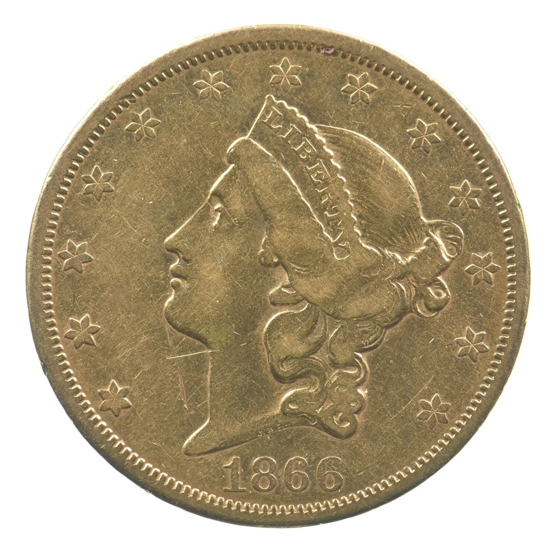 1866-S $20 LIBERTY HEAD GOLD DOUBLE EAGLE: 1866-S $20 Liberty Head Gold Double Eagle Brand/Mint: None Year: 1866 Denomination: $20 Country of Origin: United States Accessories: None Accessories Notice: When purchasing pre-owned goods,