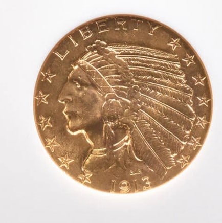 1913 $5 INDIAN HEAD GOLD HALF EAGLE: 1913 $5 Indian Head Gold Half Eagle Brand/Mint: None Year: 1913 Denomination: $5 Country of Origin: United States Accessories: None Accessories Notice: When purchasing pre-owned goods, please