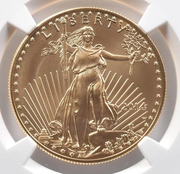 2014-W $50 BURNISHED GOLD EAGLE: 2014-W $50 Burnished Gold Eagle Brand/Mint: None Year: 2014 Denomination: $50 Country of Origin: United States Accessories: None Accessories Notice: When purchasing pre-owned goods, please