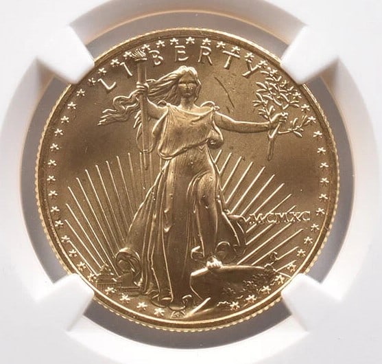 1990 $25 AMERICAN GOLD EAGLE: 1990 $25 American Gold Eagle Brand/Mint: None Year: 1990 Denomination: $25 Country of Origin: United States Accessories: None Accessories Notice: When purchasing pre-owned goods, please refer