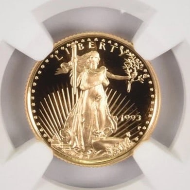 1993-P $5 AMERICAN GOLD EAGLE: 1993-P $5 American Gold Eagle Brand/Mint: U.S. Mint Year: 1993 Denomination: $5 Country of Origin: United States Accessories: None Accessories Notice: When purchasing pre-owned goods, please refer