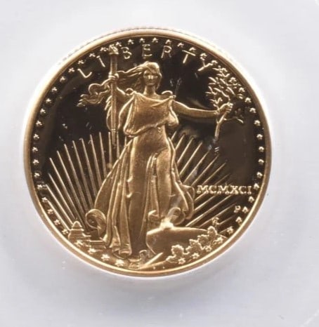 1991-P $10 AMERICAN GOLD EAGLE: 1991-P $10 American Gold Eagle Brand/Mint: None Year: 1991 Denomination: $10 Country of Origin: United States Accessories: None Accessories Notice: When purchasing pre-owned goods, please