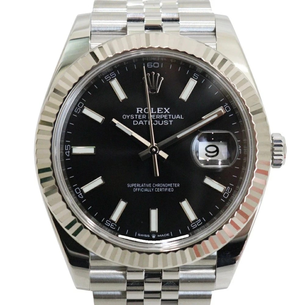 ROLEX DATEJUST BLACK WATCH: ROLEX Datejust Black Watch Brand: ROLEX Type: N/A Material: Band Material White Gold/Stainless Steel, Case Material N/A Color: Band Color Black Size: Band Size none, Case Size 41mm 
