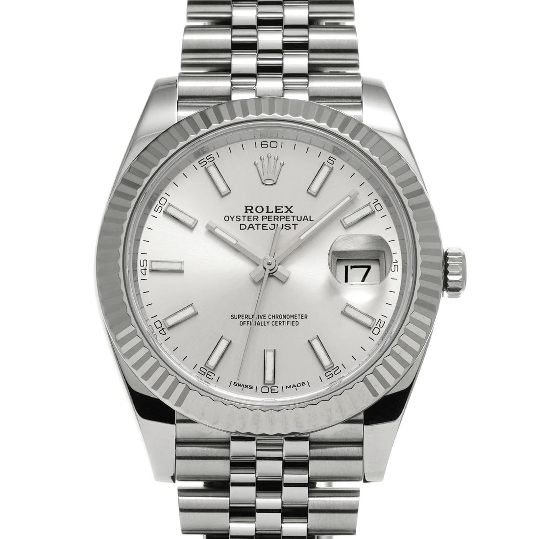 ROLEX DATEJUST SILVER WATCH: ROLEX Datejust Silver Watch Brand: ROLEX Type: N/A Material: Band Material Stainless, Case Material Sapphire Crystal Color: Band Color Silver Size: Band Size none, Case Size 41×41mm Accessories: