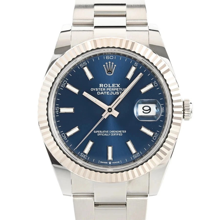 ROLEX DATEJUST BLUE WATCH: ROLEX Datejust Blue Watch Brand: ROLEX Type: N/A Material: Band Material Stainless Steel/White Gold/Bracelet, Case Material N/A Color: Band Color Blue Size: Band Size none, Case Size 41mm 