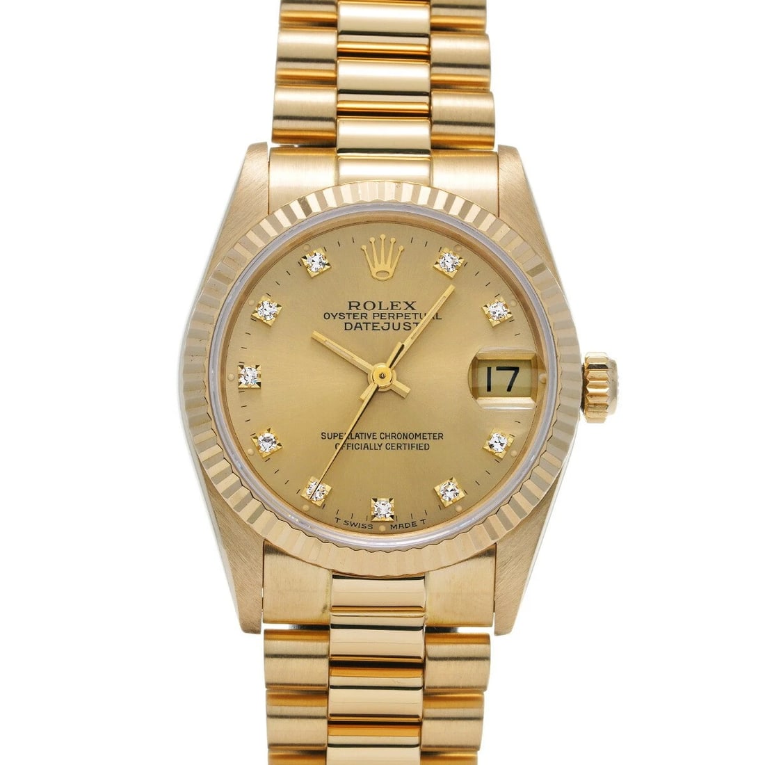 ROLEX DATEJUST WATCH: ROLEX Datejust Watch Brand: ROLEX Type: Wristwatch Material: Band Material Yellow Gold, Case Material Sapphire Crystal Color: Band Color NA Size: Band Size 17cm, Case Size 31×31mm Accessories: N