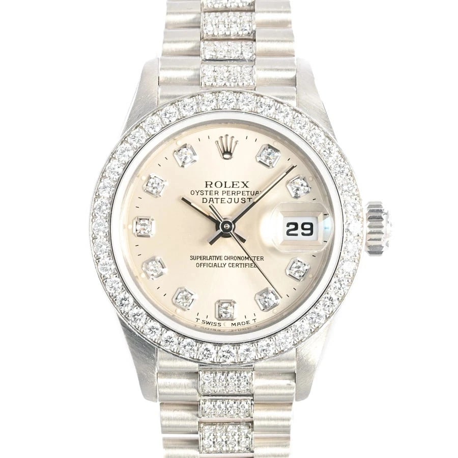 ROLEX DATEJUST SILVER WATCH: ROLEX Datejust Silver Watch Brand: ROLEX Type: N/A Material: Band Material Platinum/Bracelet, Case Material N/A Color: Band Color Silver Size: Band Size none, Case Size 26mm Accessories: None