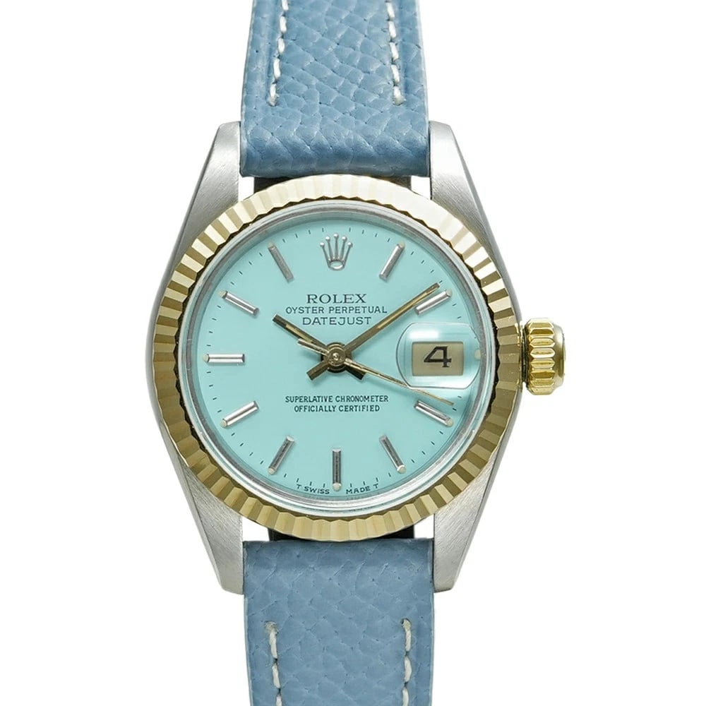 ROLEX DATEJUST BLUE WATCH: ROLEX Datejust Blue Watch Brand: ROLEX Type: N/A Material: Band Material Stainless Steel And Yellow Gold, Case Material N/A Color: Band Color Blue Size: Band Size none, Case Size 26mm x 26mm Acce
