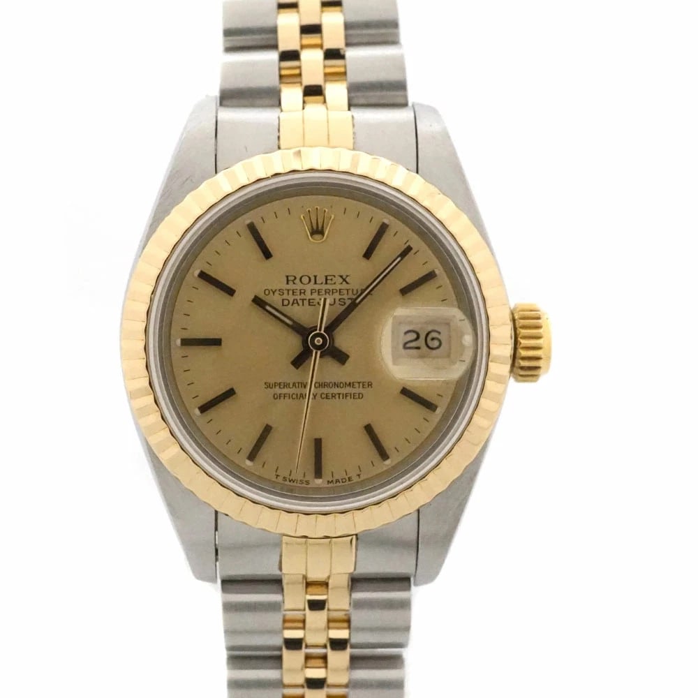 ROLEX DATEJUST GOLD WATCH: ROLEX Datejust Gold Watch Brand: ROLEX Type: N/A Material: Band Material Ss×Yg (Stainless Steel×Yellow Gold), Case Material N/A Color: Band Color Gold Size: Band Size 16cm, Case Size 26mm Acces