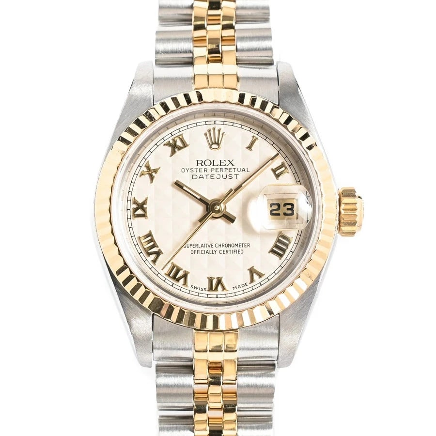 ROLEX DATEJUST IVORY WATCH: ROLEX Datejust Ivory Watch Brand: ROLEX Type: N/A Material: Band Material Stainless Steel/Yellow Gold/Bracelet, Case Material N/A Color: Band Color Ivory Size: Band Size none, Case Size 26mm 