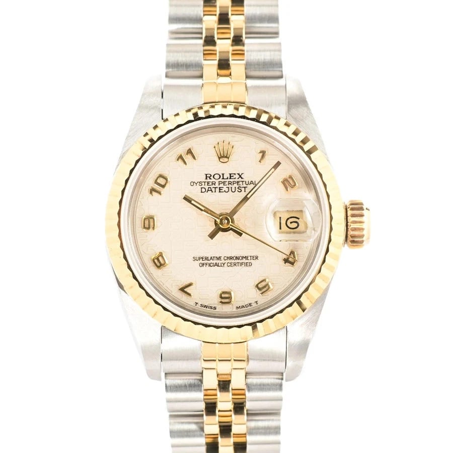 ROLEX DATEJUST IVORY WATCH: ROLEX Datejust Ivory Watch Brand: ROLEX Type: N/A Material: Band Material Stainless Steel/Yellow Gold/Bracelet, Case Material N/A Color: Band Color Ivory Size: Band Size none, Case Size 26mm 