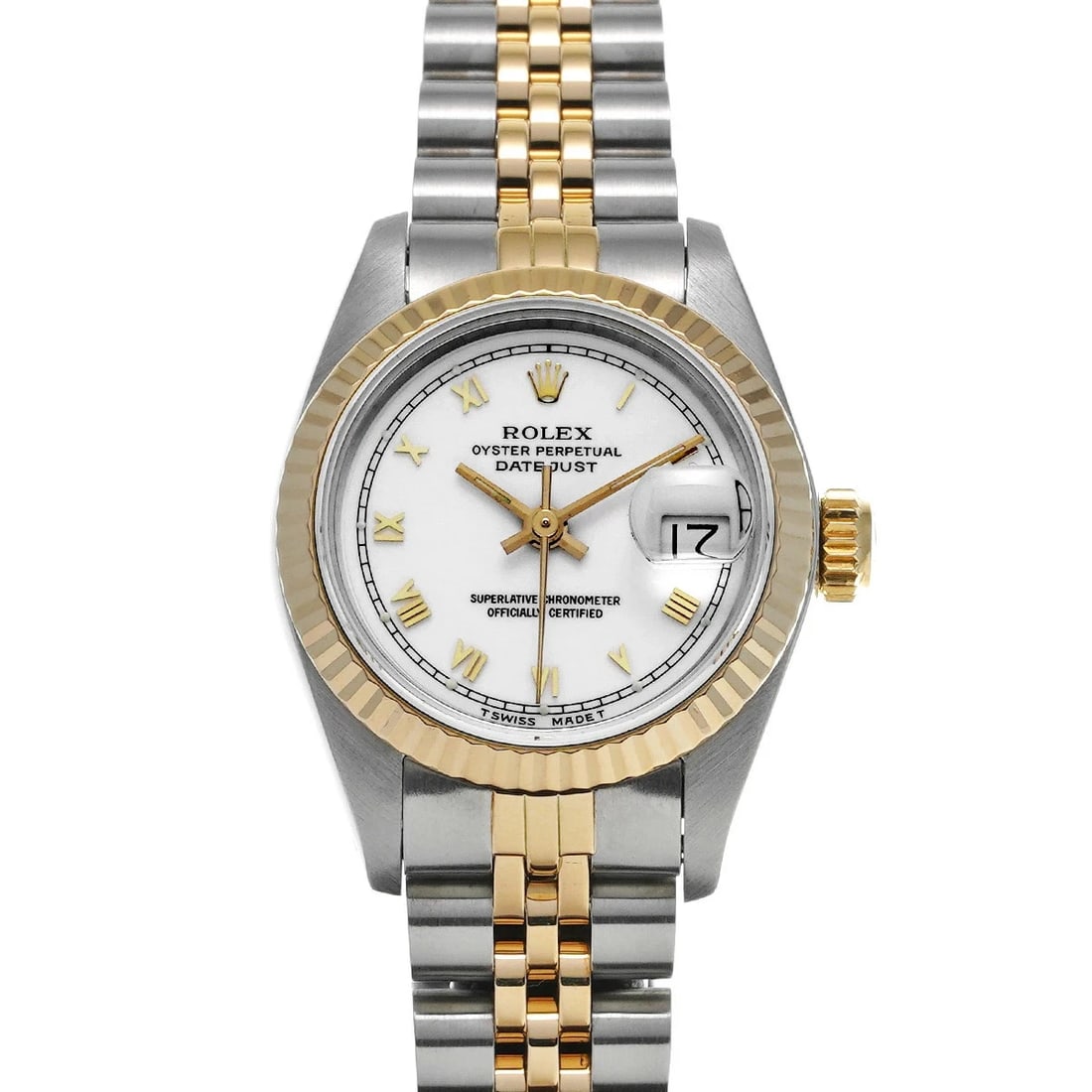 ROLEX DATEJUST WHITE WATCH: ROLEX Datejust White Watch Brand: ROLEX Type: N/A Material: Band Material Stainless, Case Material Sapphire Crystal Color: Band Color White Size: Band Size none, Case Size 26×26mm 