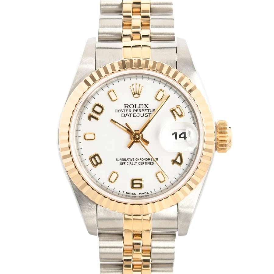 ROLEX DATEJUST WHITE WATCH: ROLEX Datejust White Watch Brand: ROLEX Type: N/A Material: Band Material Stainless Steel/Yellow Gold/Bracelet, Case Material N/A Color: Band Color White Size: Band Size none, Case Size 26mm Acce