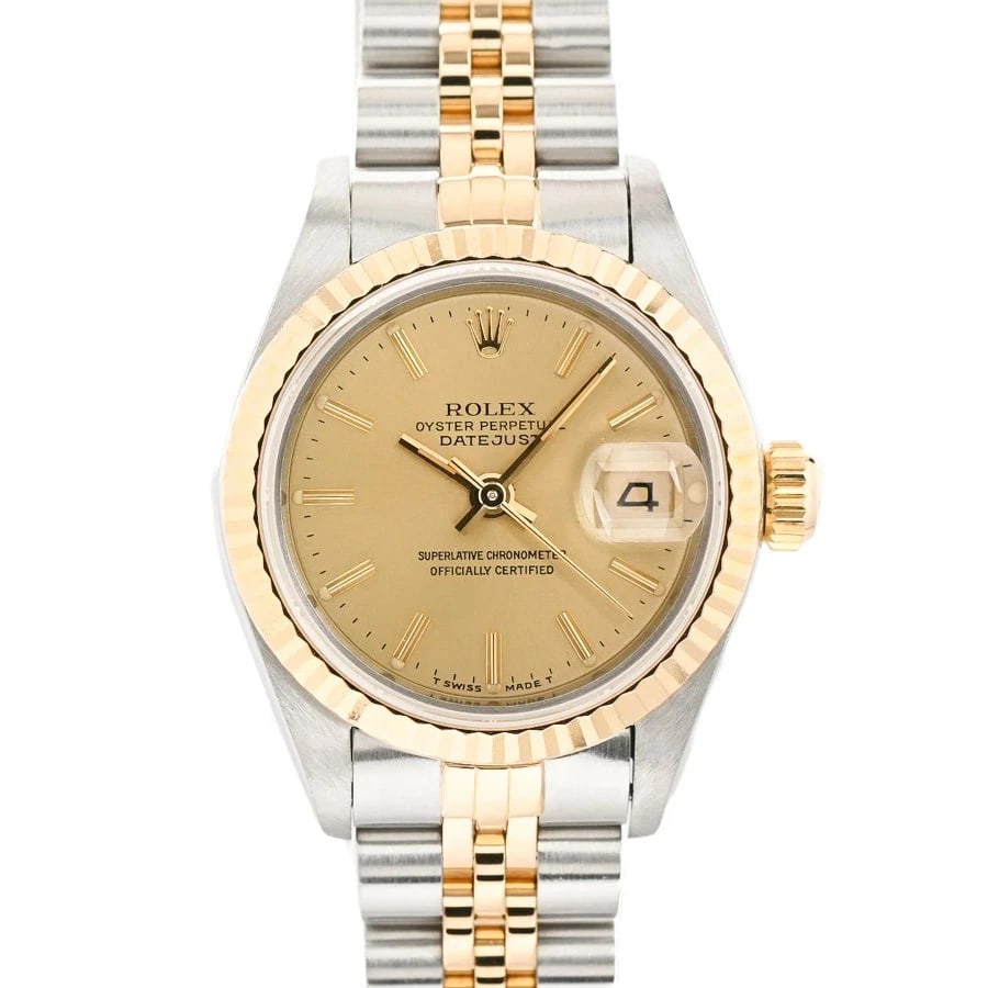 ROLEX DATEJUST YELLOW WATCH: ROLEX Datejust Yellow Watch Brand: ROLEX Type: N/A Material: Band Material Stainless Steel/Yellow Gold/Bracelet, Case Material N/A Color: Band Color Yellow Size: Band Size none, Case Size 26mm
