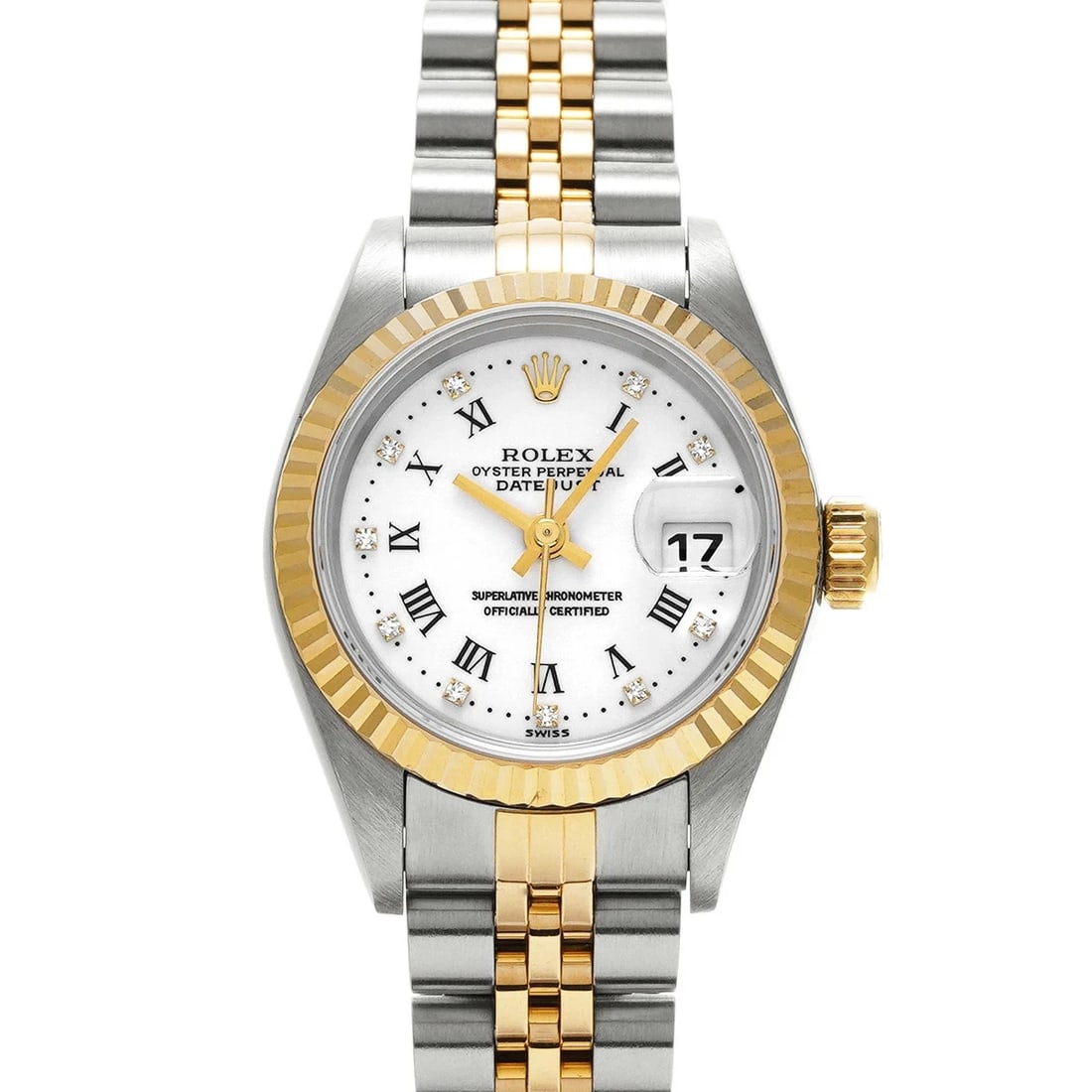 ROLEX DATEJUST WHITE WATCH: ROLEX Datejust White Watch Brand: ROLEX Type: N/A Material: Band Material Stainless, Case Material Sapphire Crystal Color: Band Color White Size: Band Size none, Case Size 26×26mm Accessories: N