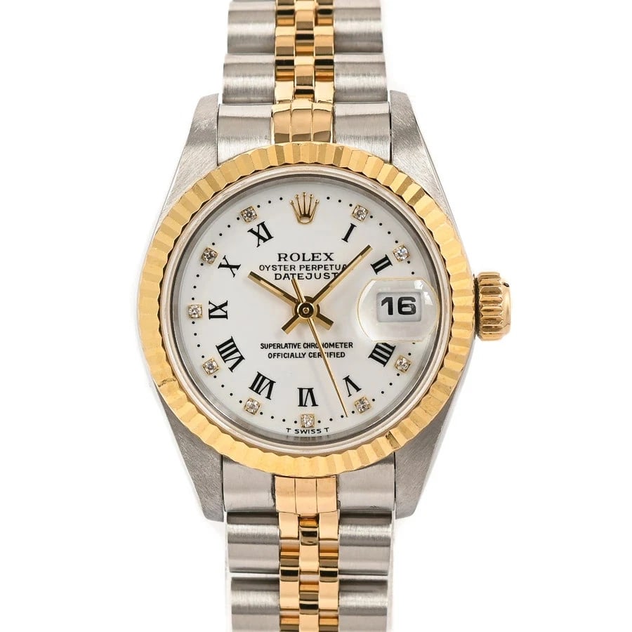 ROLEX DATEJUST WHITE WATCH: ROLEX Datejust White Watch Brand: ROLEX Type: N/A Material: Band Material Stainless Steel/Yellow Gold/Bracelet, Case Material N/A Color: Band Color White Size: Band Size none, Case Size 26mm 