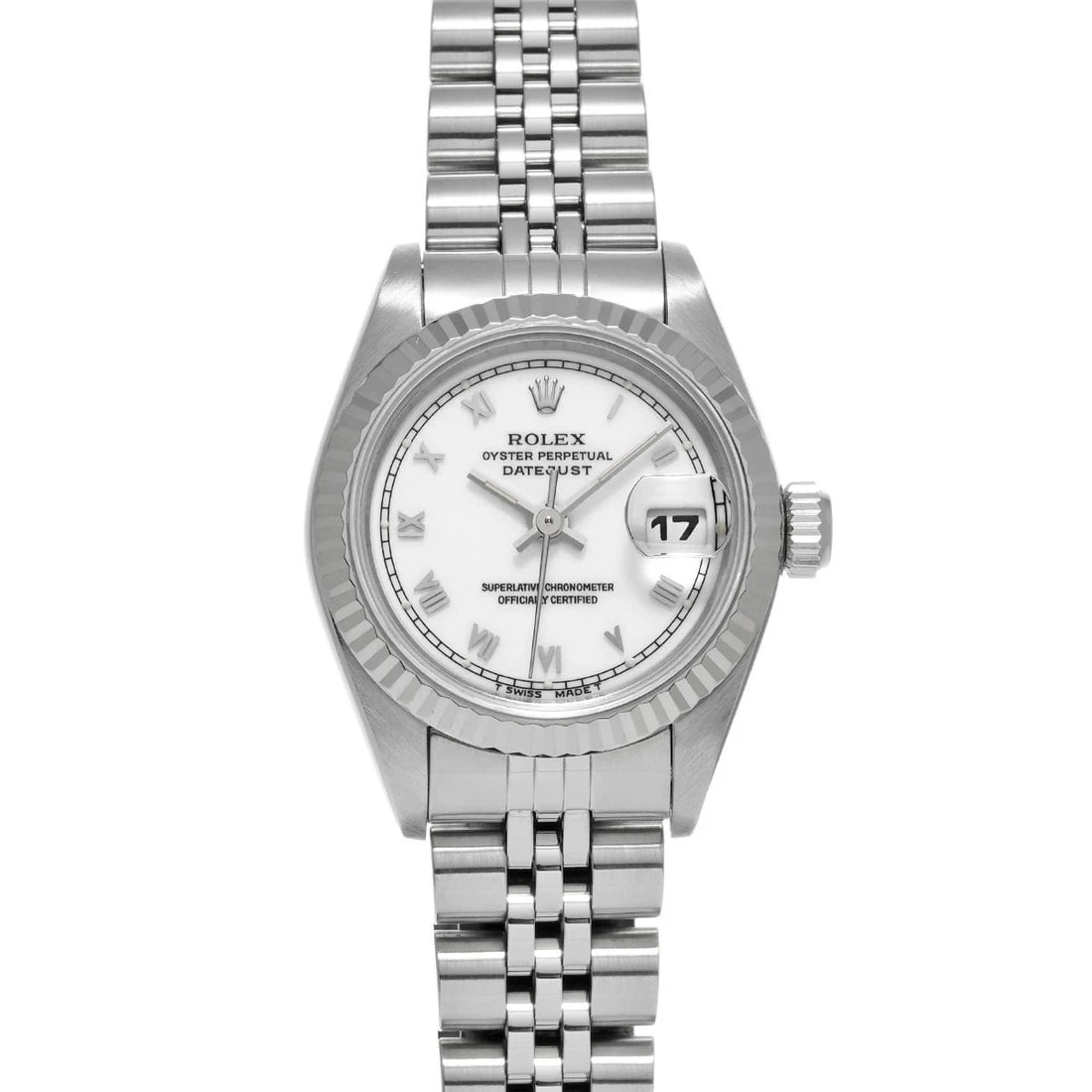 ROLEX DATEJUST WHITE WATCH: ROLEX Datejust White Watch Brand: ROLEX Type: N/A Material: Band Material Stainless, Case Material Sapphire Crystal Color: Band Color White Size: Band Size 18cm, Case Size 26×26mm Accessories: N