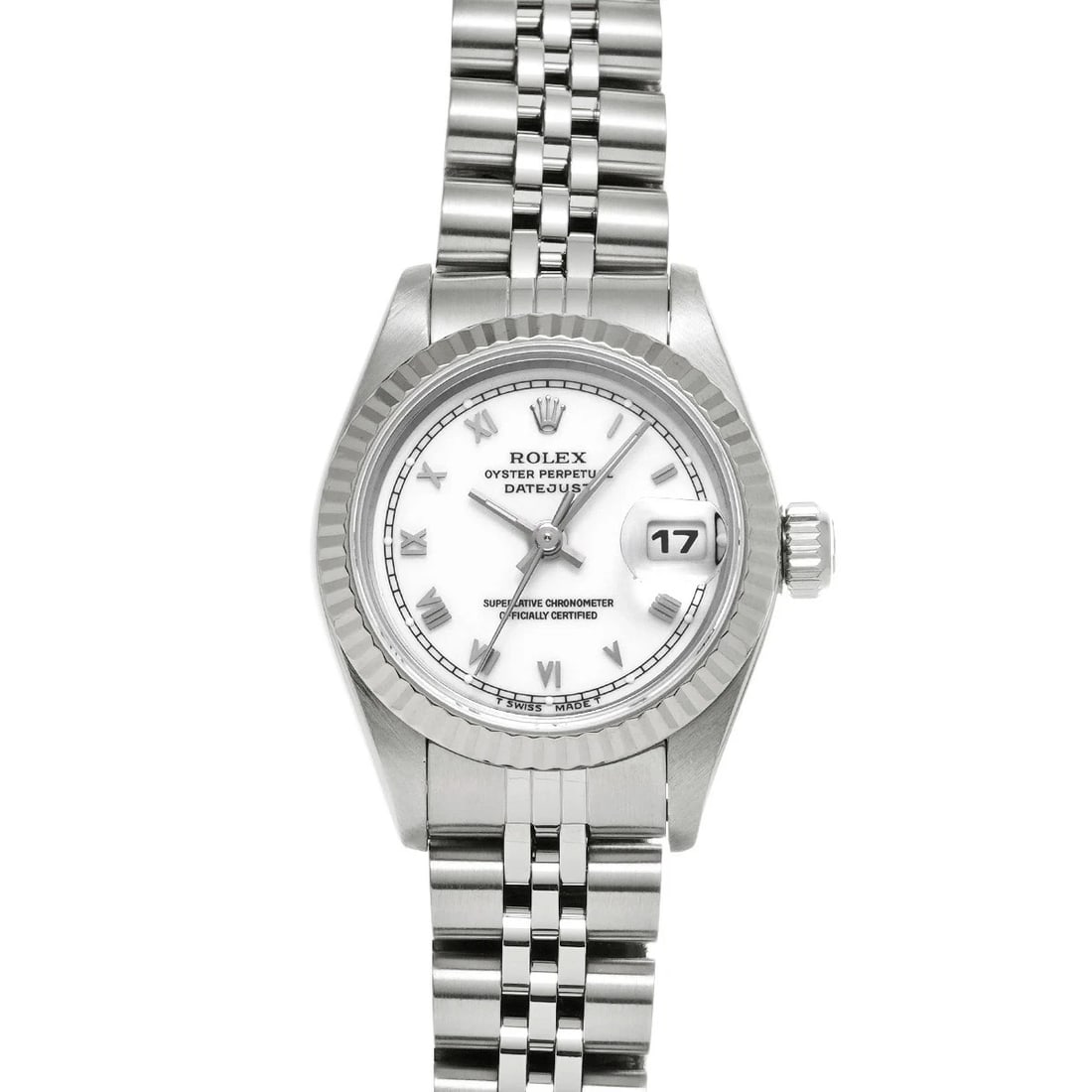 ROLEX DATEJUST WHITE WATCH: ROLEX Datejust White Watch Brand: ROLEX Type: N/A Material: Band Material Stainless, Case Material Sapphire Crystal Color: Band Color White Size: Band Size none, Case Size 26×26mm Accessories: N