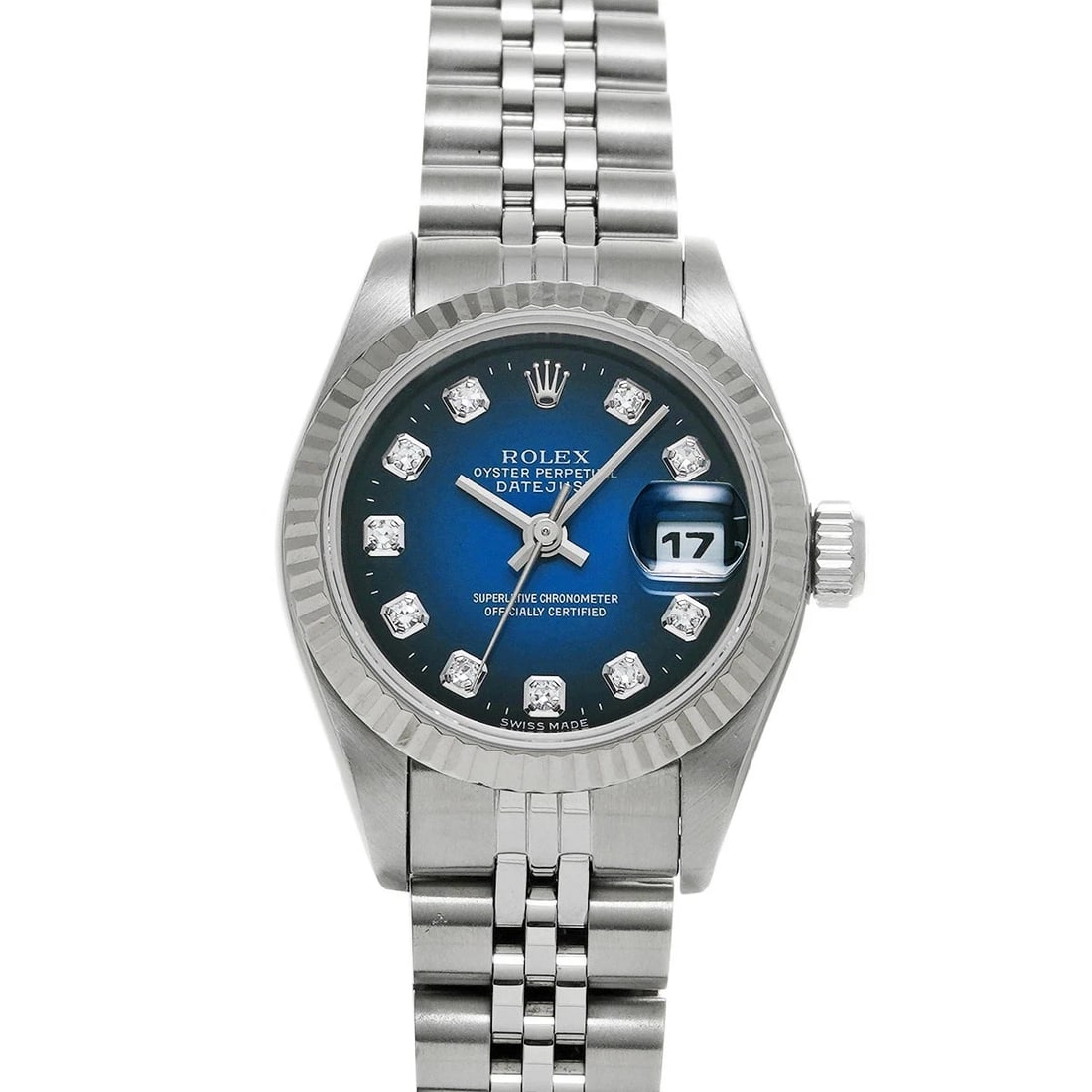 ROLEX DATEJUST BLUE WATCH: ROLEX Datejust Blue Watch Brand: ROLEX Type: N/A Material: Band Material Stainless, Case Material Sapphire Crystal Color: Band Color Blue Size: Band Size 16cm, Case Size 26×26mm Accessories: