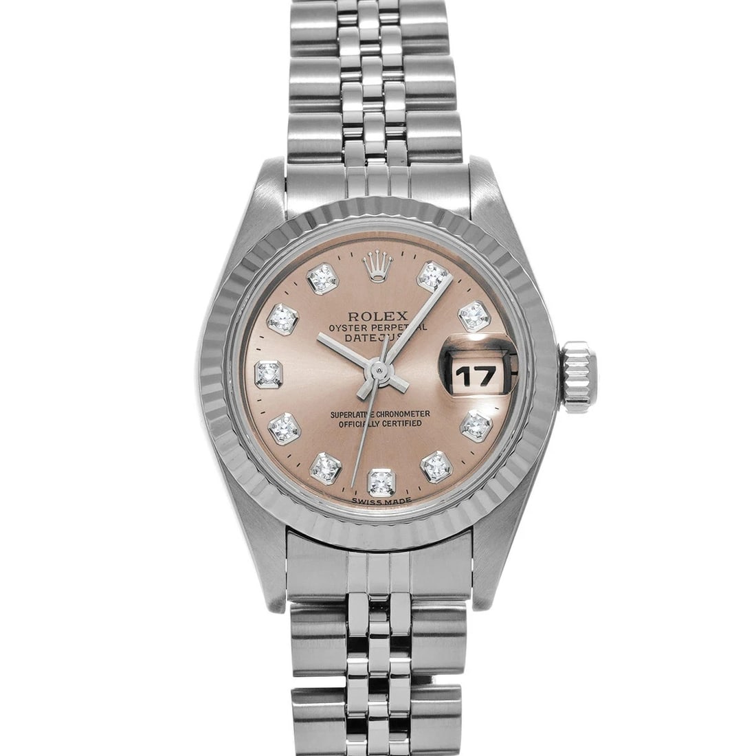 ROLEX DATEJUST PINK WATCH: ROLEX Datejust Pink Watch Brand: ROLEX Type: N/A Material: Band Material Stainless, Case Material Sapphire Crystal Color: Band Color Pink Size: Band Size 16.5cm, Case Size 26×26mm Accessories: N