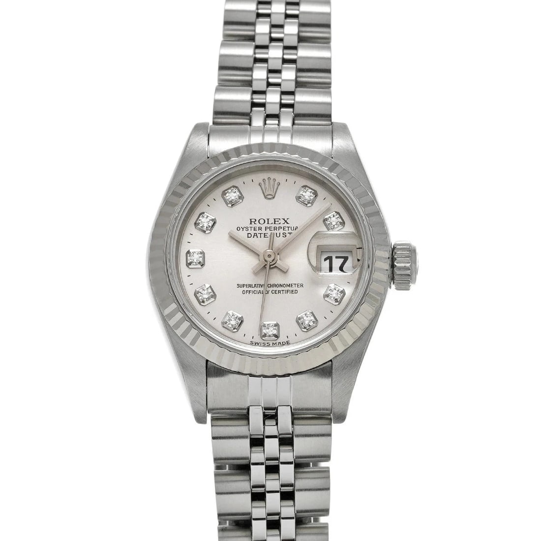 ROLEX DATEJUST SILVER WATCH: ROLEX Datejust Silver Watch Brand: ROLEX Type: N/A Material: Band Material Stainless, Case Material Sapphire Crystal Color: Band Color Silver Size: Band Size none, Case Size 26×26mm Accessories: