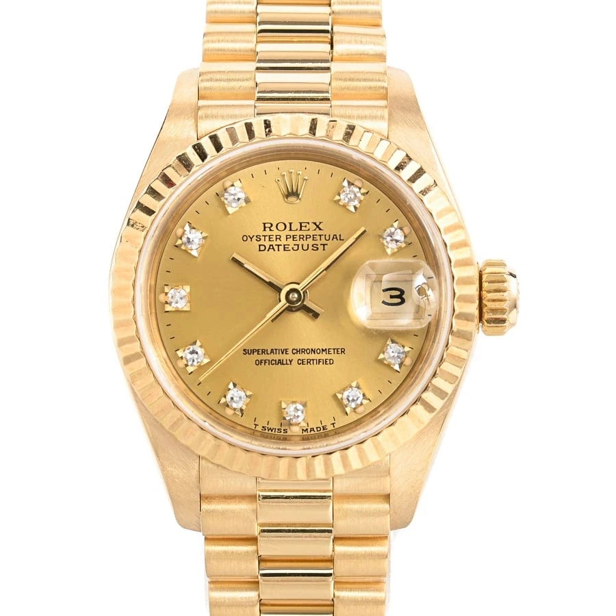 ROLEX DATEJUST YELLOW WATCH: ROLEX Datejust Yellow Watch Brand: ROLEX Type: N/A Material: Band Material Yellow Gold/Bracelet, Case Material N/A Color: Band Color Yellow Size: Band Size none, Case Size 26mm Accessories: None