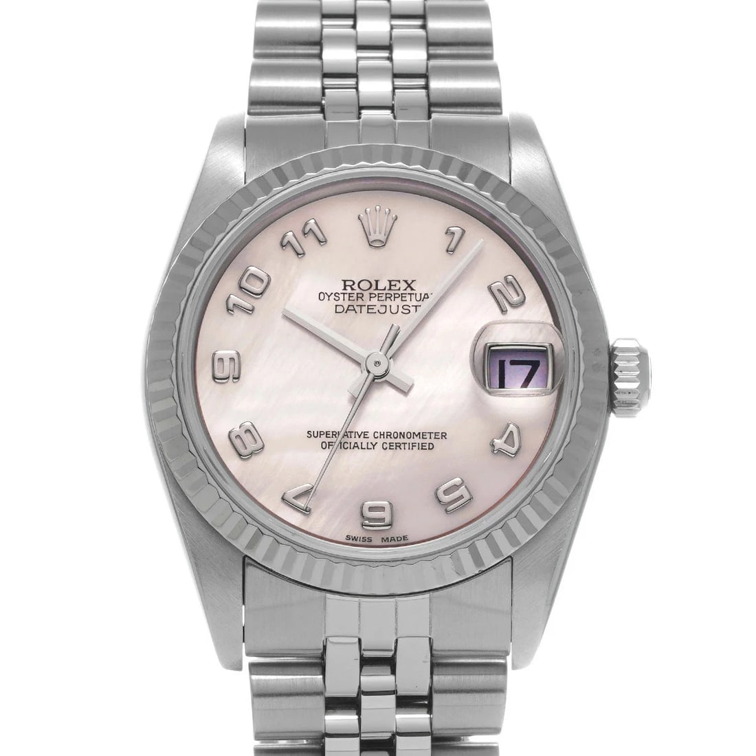 ROLEX DATEJUST PINK WATCH: ROLEX Datejust Pink Watch Brand: ROLEX Type: N/A Material: Band Material Stainless, Case Material Sapphire Crystal Color: Band Color Pink Size: Band Size 18cm, Case Size 31×31mm Accessories: