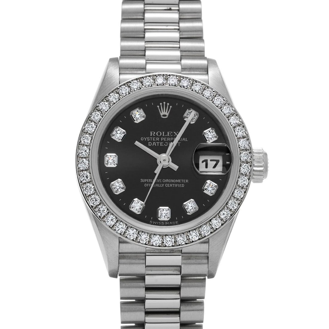 ROLEX DATEJUST BLACK WATCH: ROLEX Datejust Black Watch Brand: ROLEX Type: Wristwatch Material: Band Material Platinum, Case Material Sapphire Crystal Color: Band Color Black Size: Band Size 16cm, Case Size 26×26mm 