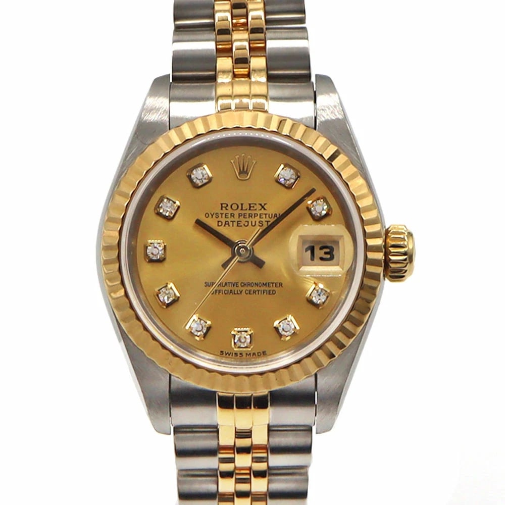 ROLEX DATEJUST GOLD WATCH: ROLEX Datejust Gold Watch Brand: ROLEX Type: N/A Material: Band Material Stainless Steel X 18Kyg, Case Material N/A Color: Band Color Gold Size: Band Size none, Case Size 26mm Accessories:
