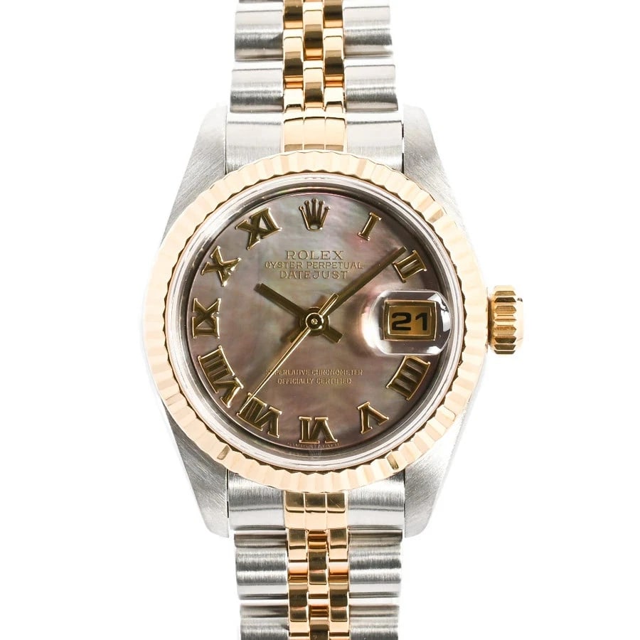 ROLEX DATEJUST BLACK WATCH: ROLEX Datejust Black Watch Brand: ROLEX Type: N/A Material: Band Material Stainless Steel/Yellow Gold/Bracelet, Case Material N/A Color: Band Color Black Size: Band Size none, Case Size 26mm 