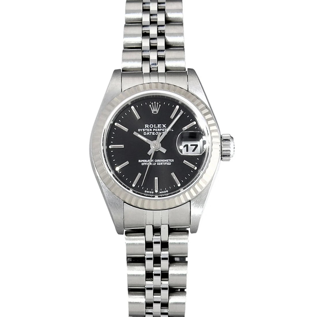 ROLEX DATEJUST BLACK WATCH: ROLEX Datejust Black Watch Brand: ROLEX Type: N/A Material: Band Material Stainless, Case Material Sapphire Crystal Color: Band Color Black Size: Band Size none, Case Size 26×26mm 
