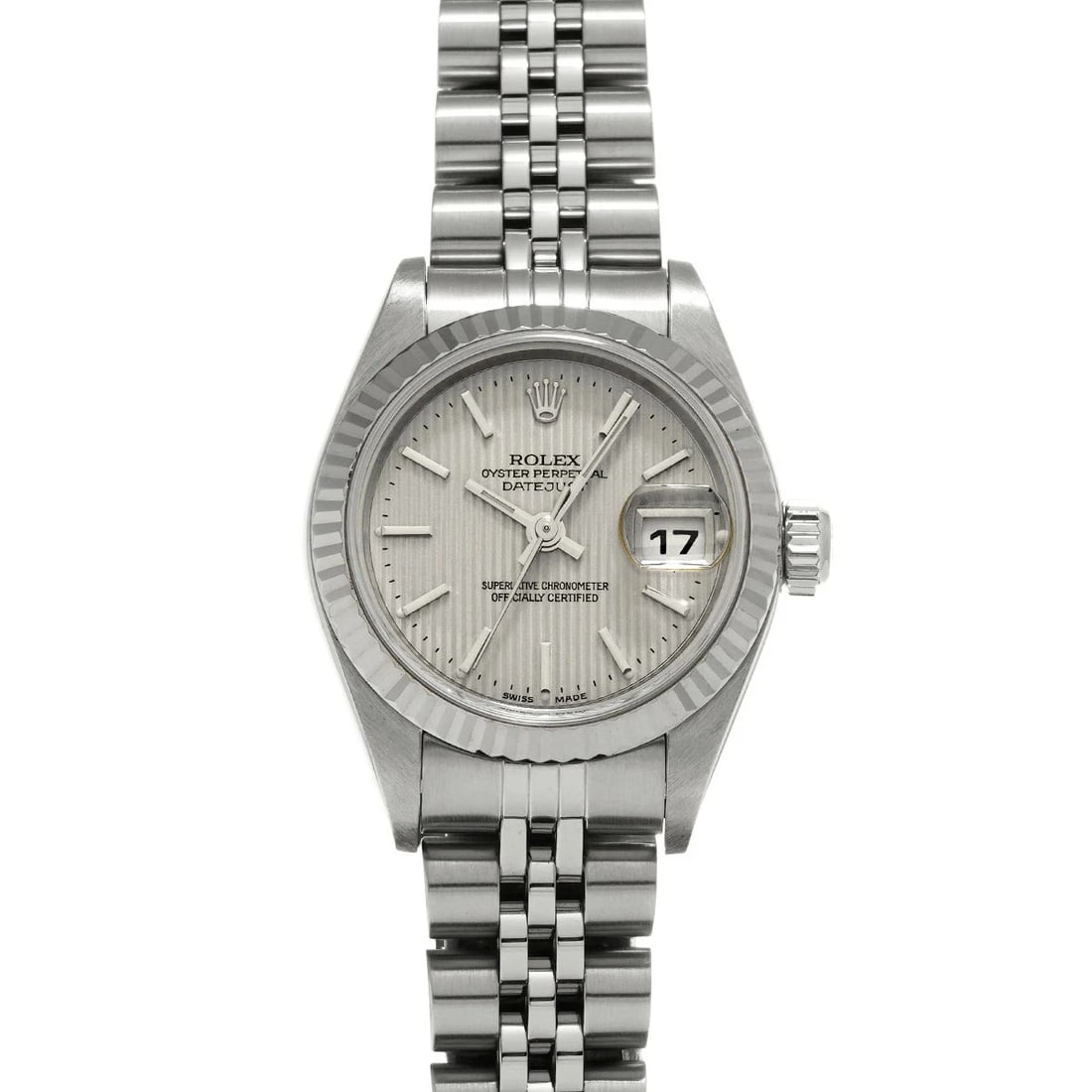 ROLEX DATEJUST SILVER WATCH: ROLEX Datejust Silver Watch Brand: ROLEX Type: N/A Material: Band Material Stainless, Case Material Sapphire Crystal Color: Band Color Silver Size: Band Size none, Case Size 26×26mm 
