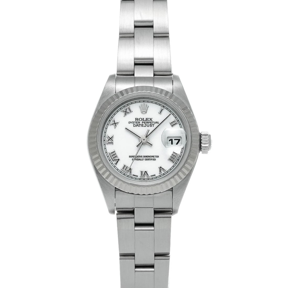 ROLEX DATEJUST WHITE WATCH: ROLEX Datejust White Watch Brand: ROLEX Type: N/A Material: Band Material Stainless, Case Material Sapphire Crystal Color: Band Color White Size: Band Size none, Case Size 26×26mm Accessories: N