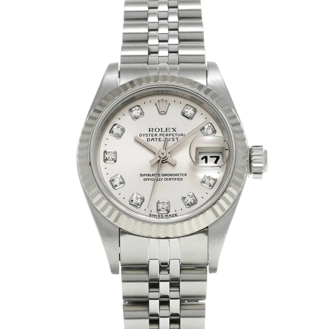ROLEX DATEJUST SILVER WATCH: ROLEX Datejust Silver Watch Brand: ROLEX Type: N/A Material: Band Material Stainless, Case Material Sapphire Crystal Color: Band Color Silver Size: Band Size none, Case Size 26×26mm 