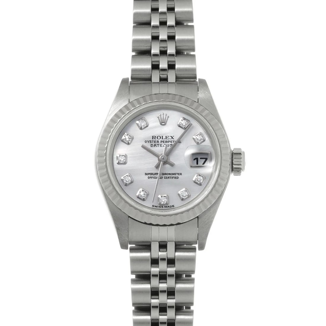 ROLEX DATEJUST WHITE WATCH: ROLEX Datejust White Watch Brand: ROLEX Type: N/A Material: Band Material Stainless, Case Material Sapphire Crystal Color: Band Color White Size: Band Size none, Case Size 26×26mm Accessories: N