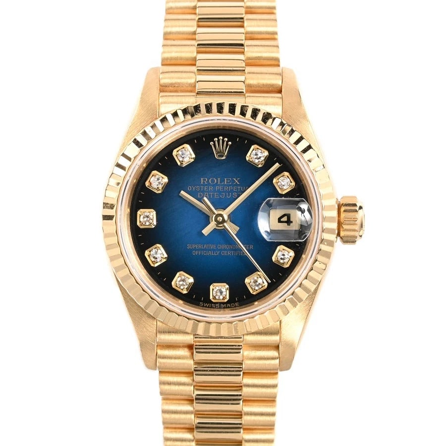 ROLEX DATEJUST BLUE WATCH: ROLEX Datejust Blue Watch Brand: ROLEX Type: N/A Material: Band Material Yellow Gold/Bracelet, Case Material N/A Color: Band Color Blue Size: Band Size none, Case Size 26mm Accessories: None <