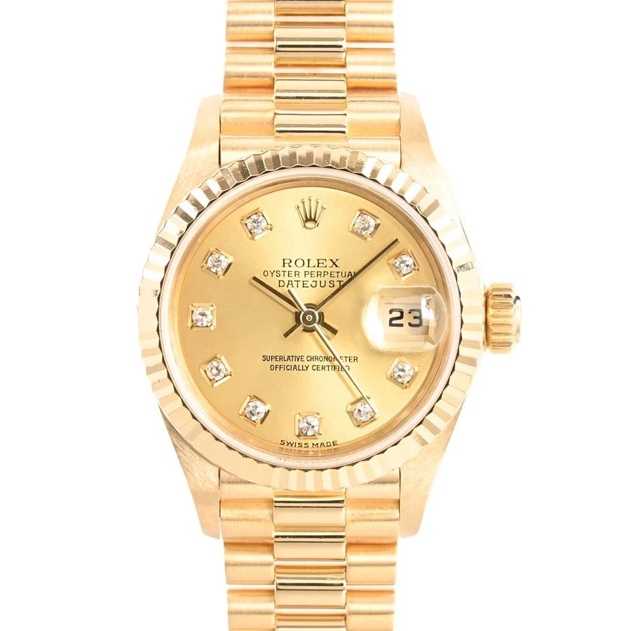 ROLEX DATEJUST YELLOW WATCH: ROLEX Datejust Yellow Watch Brand: ROLEX Type: N/A Material: Band Material Yellow Gold/Bracelet, Case Material N/A Color: Band Color Yellow Size: Band Size none, Case Size 26mm Accessories:
