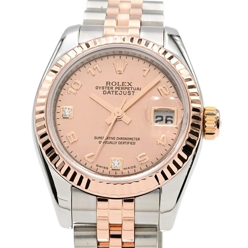 ROLEX DATEJUST PINK WATCH: ROLEX Datejust Pink Watch Brand: ROLEX Type: N/A Material: Band Material Stainless Steel K18Pg Diamond, Case Material N/A Color: Band Color Pink Size: Band Size 16.5cm, Case Size 26mm 