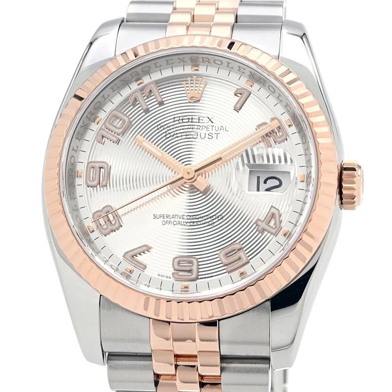 ROLEX DATEJUST SILVER WATCH: ROLEX Datejust Silver Watch Brand: ROLEX Type: N/A Material: Band Material Stainless Steel And 18K Everose Gold, Case Material N/A Color: Band Color Silver Size: Band Size none, Case Size 36mm