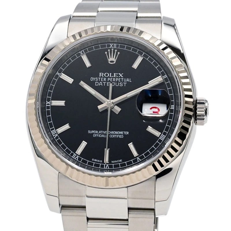 ROLEX DATEJUST BLACK WATCH: ROLEX Datejust Black Watch Brand: ROLEX Type: N/A Material: Band Material Stainless Steel K18Wg, Case Material N/A Color: Band Color Black Size: Band Size 18.6cm, Case Size 36mm Accessories: None