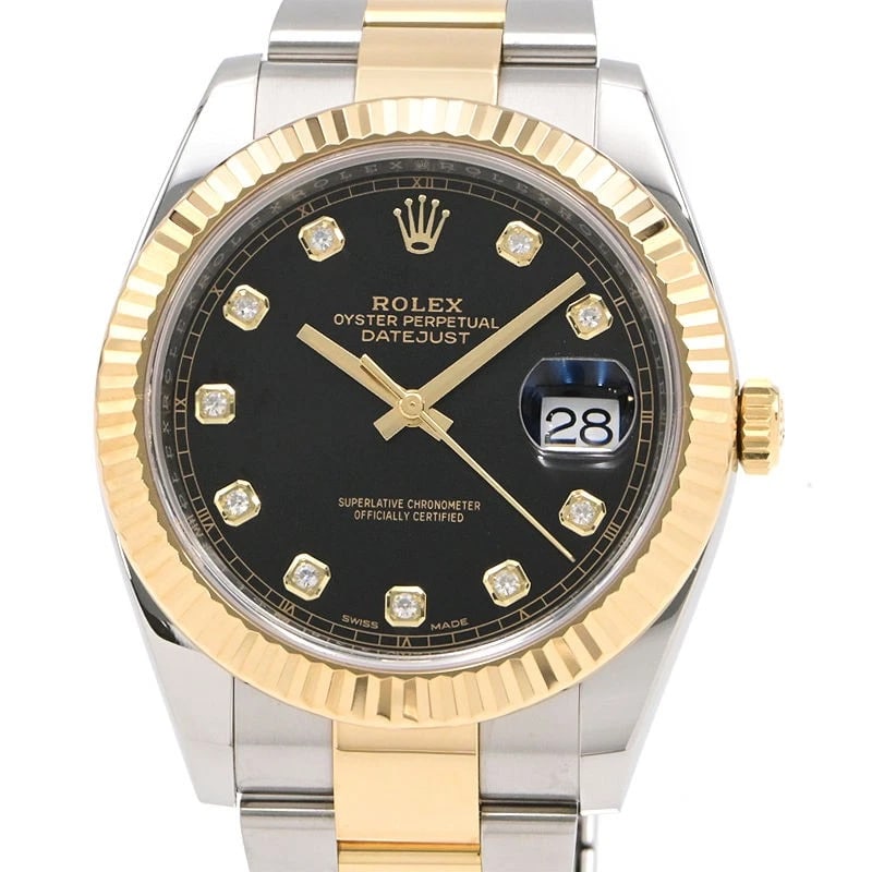 ROLEX DATEJUST BLACK WATCH: ROLEX Datejust Black Watch Brand: ROLEX Type: Wristwatch Material: Band Material Stainless Steel K18Yg Diamond, Case Material NA Color: Band Color Black Size: Band Size 19.0cm, Case Size 41mm Acc