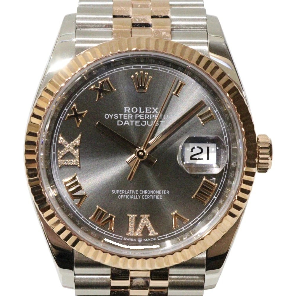 ROLEX DATEJUST DIAMOND GRAY WATCH: ROLEX Datejust Diamond Gray Watch Brand: ROLEX Type: Wristwatch Material: Band Material Everose Gold/Stainless Steel, Case Material NA Color: Band Color Gray Size: Band Size 18.5cm, Case Size