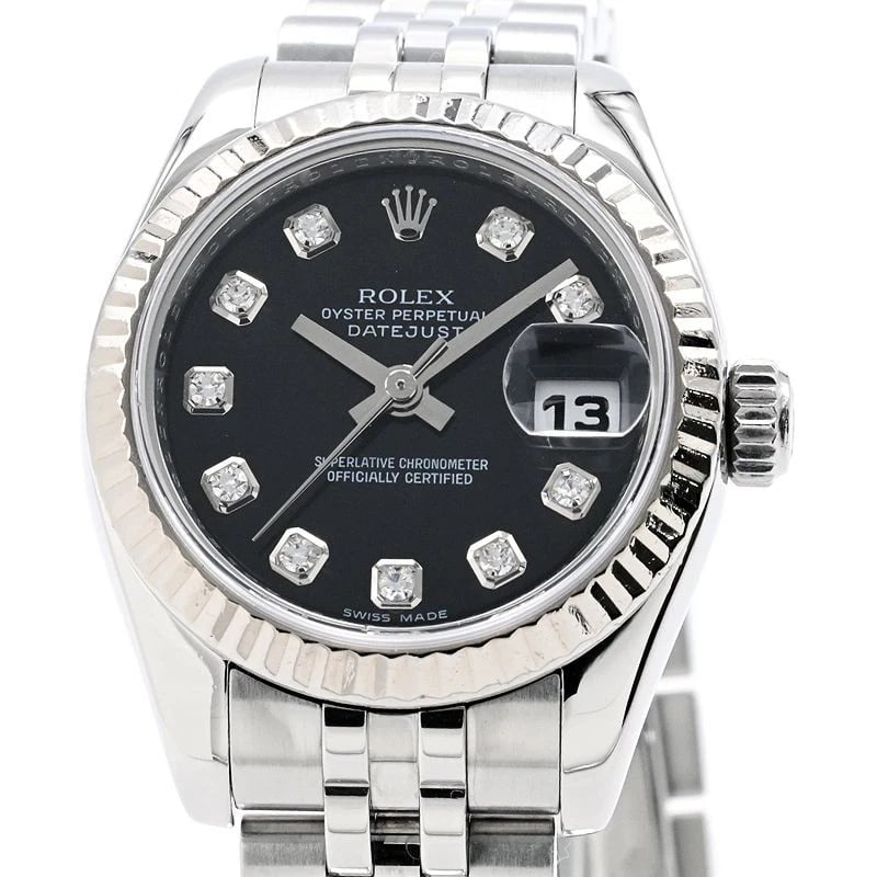 ROLEX DATEJUST BLACK WATCH: ROLEX Datejust Black Watch Brand: ROLEX Type: N/A Material: Band Material Stainless Steel K18Wg Diamond, Case Material N/A Color: Band Color Black Size: Band Size 16.8cm, Case Size 26mm Accessori