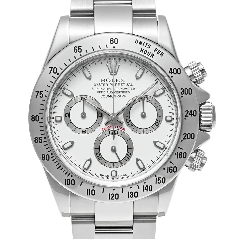 ROLEX DAYTONA WHITE WATCH: ROLEX Daytona White Watch Brand: ROLEX Type: N/A Material: Band Material Stainless Steel, Case Material N/A Color: Band Color White Size: Band Size none, Case Size 40mm x 40mm Accessories: