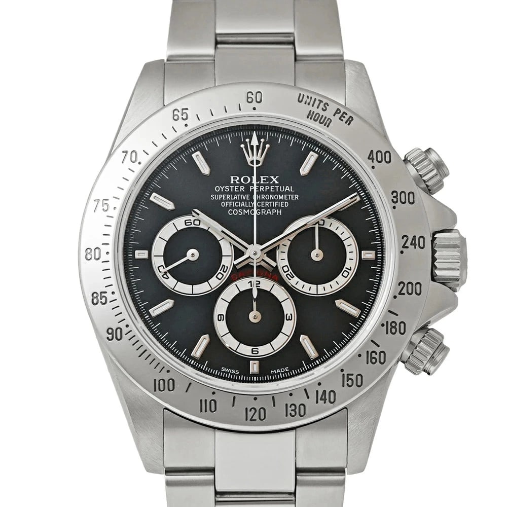 ROLEX DAYTONA BLACK WATCH: ROLEX Daytona Black Watch Brand: ROLEX Type: N/A Material: Band Material Stainless Steel, Case Material N/A Color: Band Color Black Size: Band Size none, Case Size 40mm x 40mm Accessories: