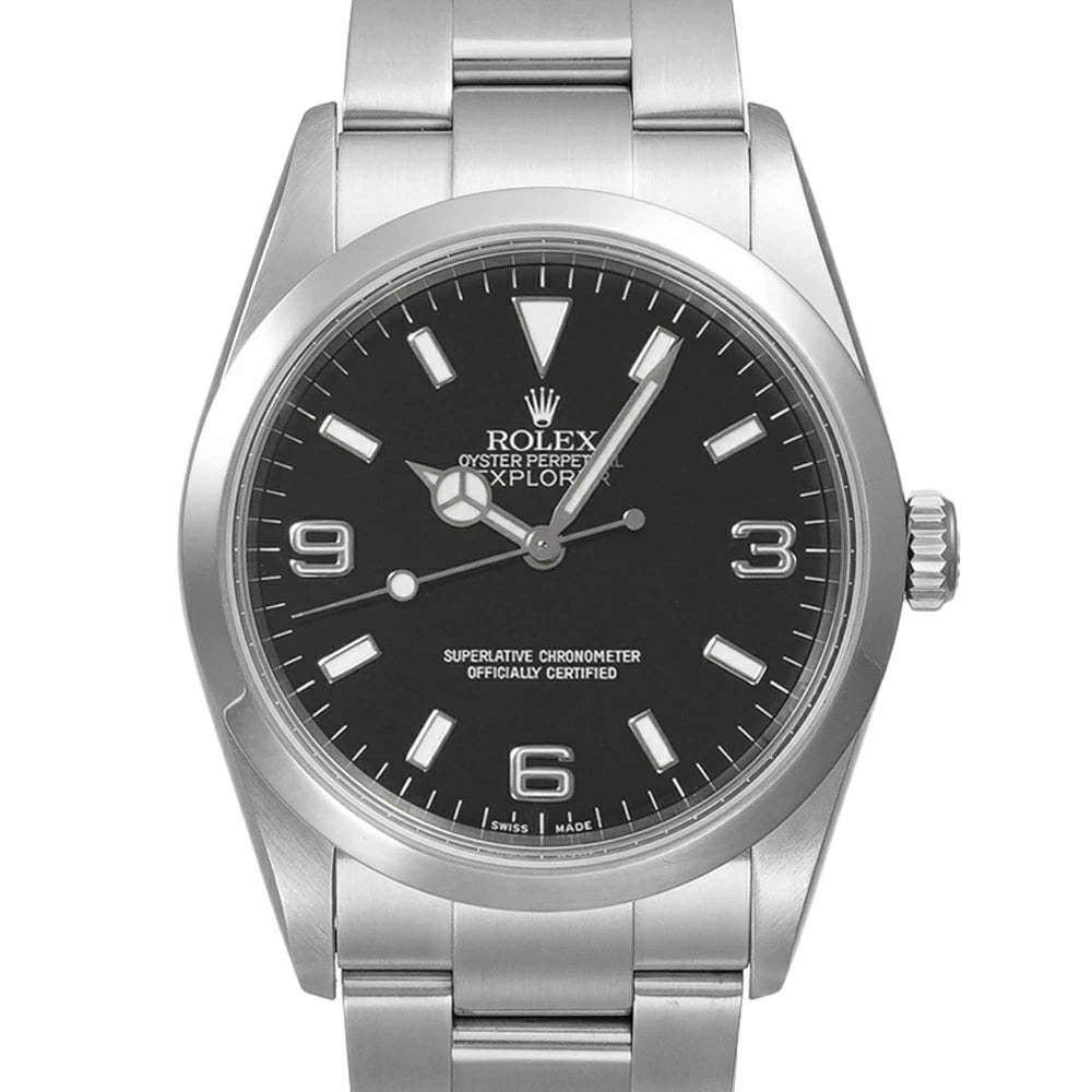ROLEX EXPLORER BLACK WATCH: ROLEX Explorer Black Watch Brand: ROLEX Type: N/A Material: Band Material Stainless Steel, Case Material N/A Color: Band Color Black Size: Band Size none, Case Size 36mm x 36mm Accessories: None